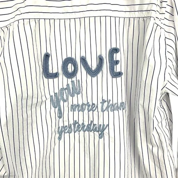 Anthropologie Maeve Button Down Shirt White Blue Striped I Love You Size Large L - Picture 5 of 10